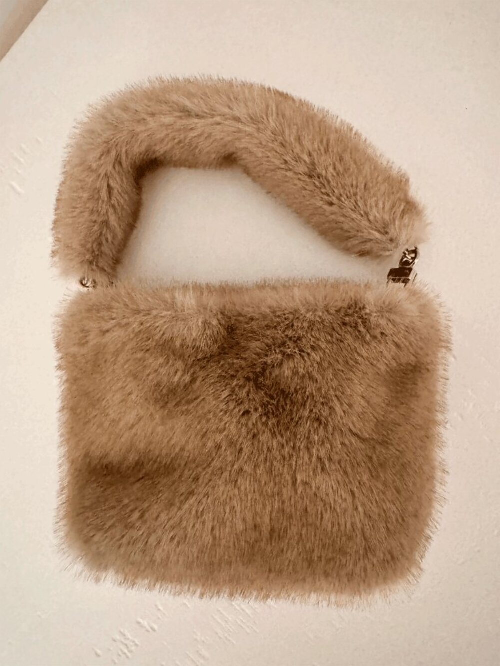 Title Taupe Faux Fur Mini Shoulder Bag Fluffy Y2K Baguette Purse
